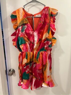 Emily Wonder Watercolor Tropical Romper - Pink & Orange